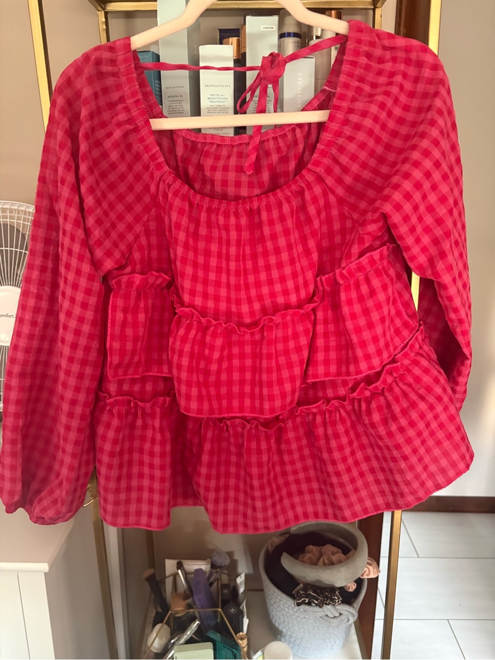 SHEIN Red Gingham Ruffled Long Sleeve Peasant Top